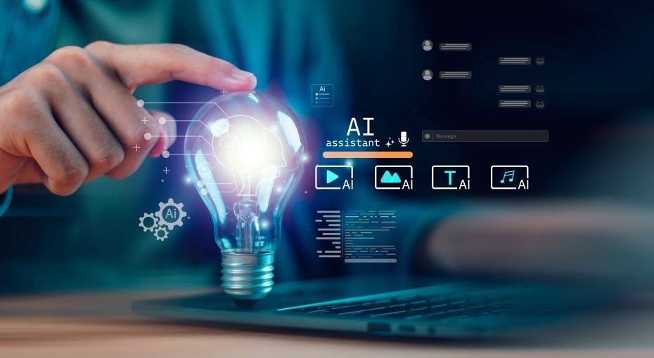 Image of a person holding a lightbulb with AI assistant off to the side.