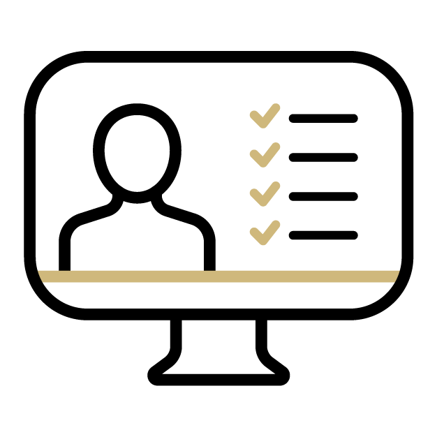 Icon of a computer monitor with the figure of a person next to a list with checkmarks