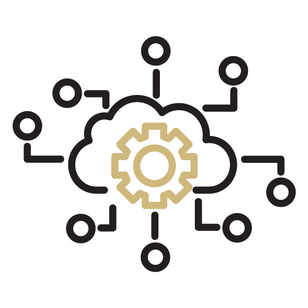Icon of a cloud with a gear in the center. Lines with circles at their ends extend from the cloud