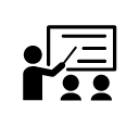 Icon depicting instructor-led training with a silhouette figure pointing to a presentation to two learners