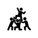 Icon depicting four figures; three are raising the fourth up in a gesture of success