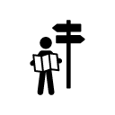 icon of a human figure holding a map and standing next to a directional signpost