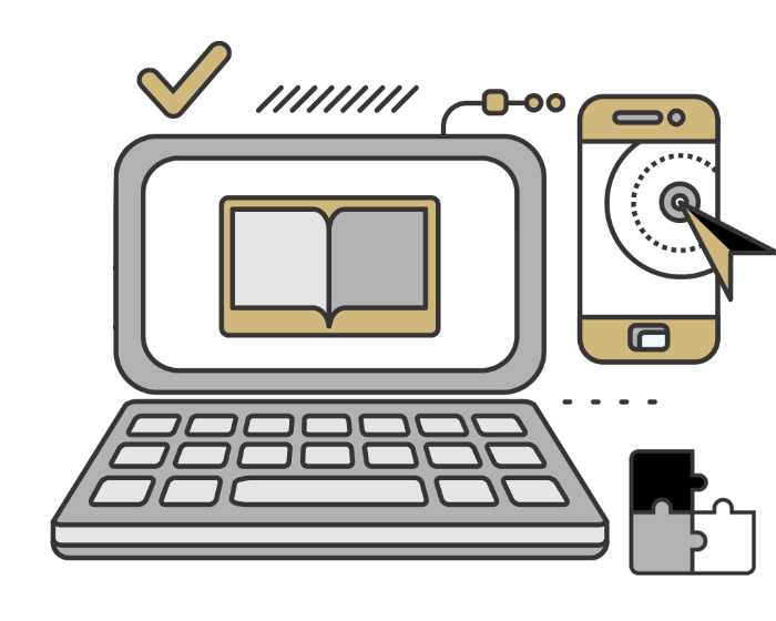 Learning and development illustrated banner graphic. Elements include a laptop, monitor, mobile device, open book, pencil, lightbulb, and puzzle pieces
