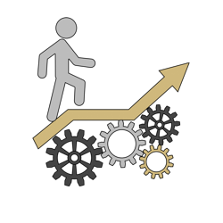Icons of a person waling up an inclined arrow on top of a set of gears