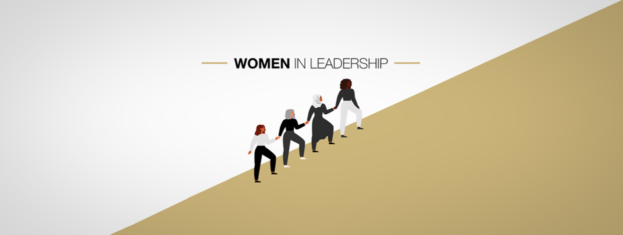 Illustration style four women from diverse backgrounds holding hands climbing an incline. The words Women in Leadership at top of image