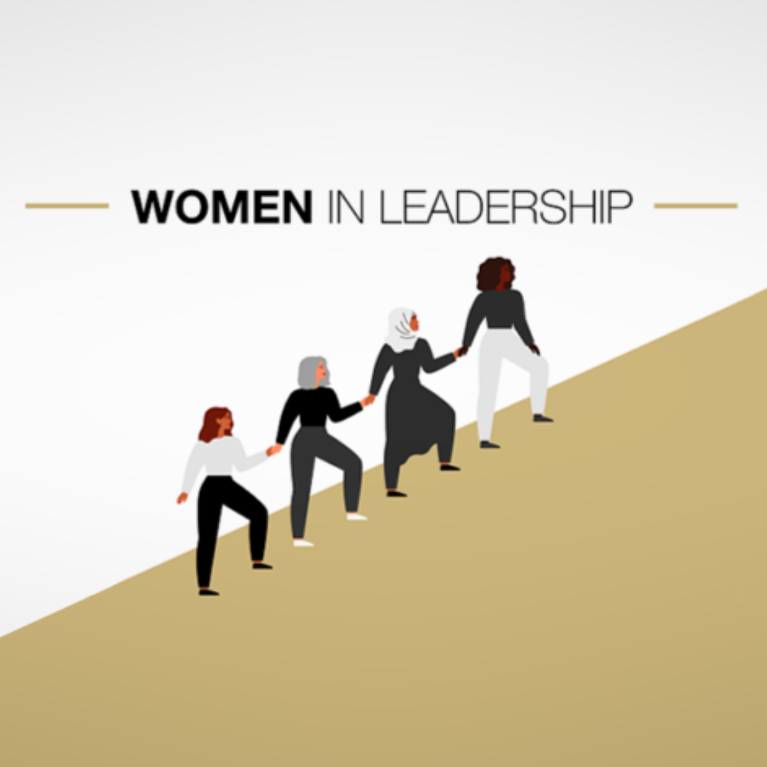 Women in Leadership showing four diverse women holding hands and climbing an incline.