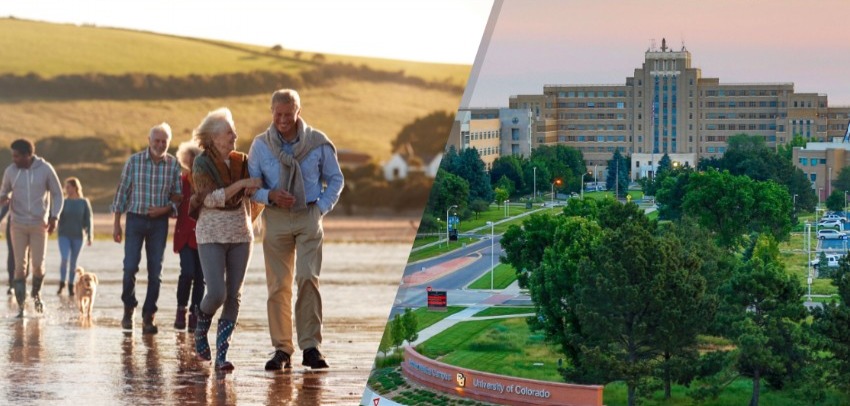 split image; on left, multi-generational family walking along a beach; on right, wide view of Anschutz campus and Fitzsimmons building
