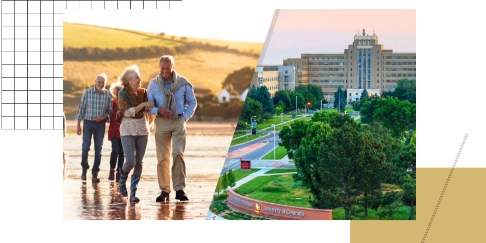 multi-generational family walking on a beach (left-side); Wide view of Anschutz campus with Fitzsimmons building in background (right)