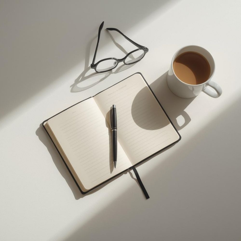A pen, notebook, cup of coffee and pair of glasses laying on a table.
