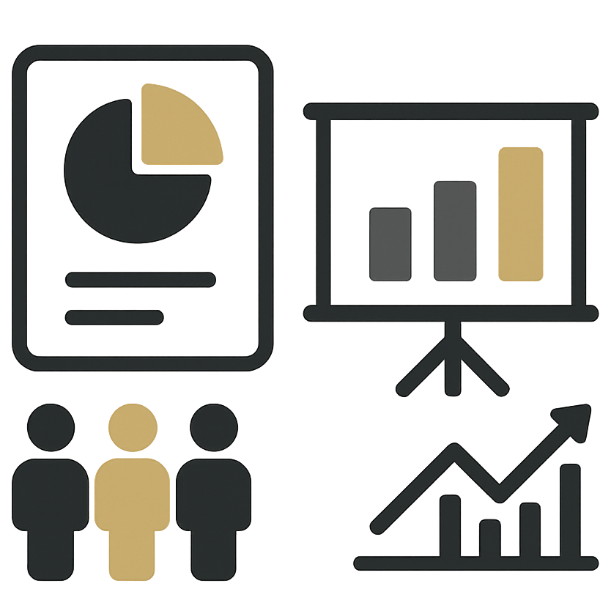 Graphic depicting people, charts, and diagrams
