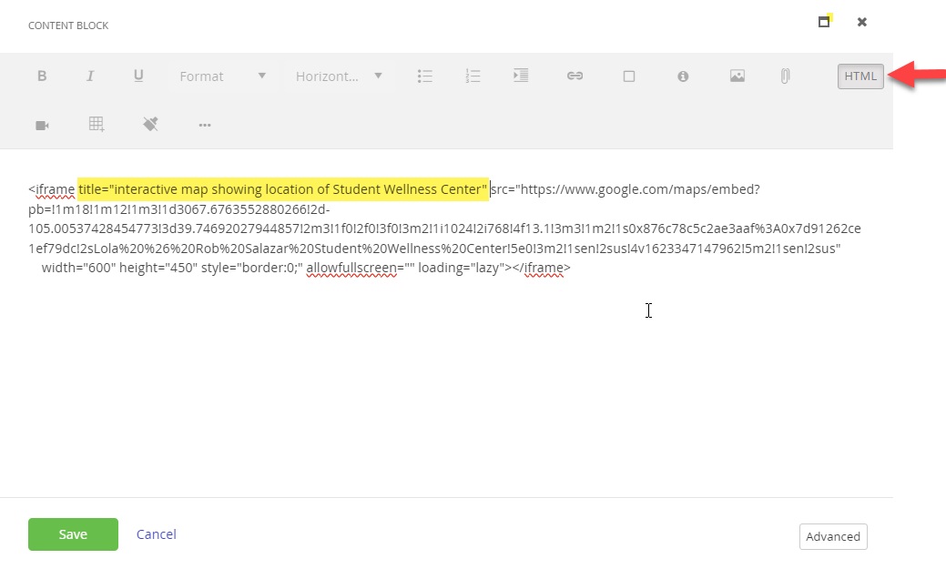 inline frame code Code showing a title being added to iframe content