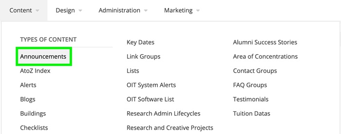 Announcements content type Announcements content type
