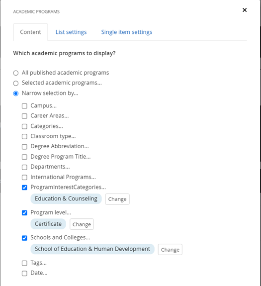 A screenshot of a widget with filtering criteria setup (programs that are certificates, in the School of Education & Human Development, and Education & Counseling interest category)