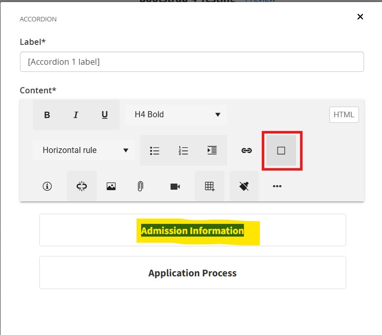 Screenshot showing location of CTA button on sitefinity editing toolbar
