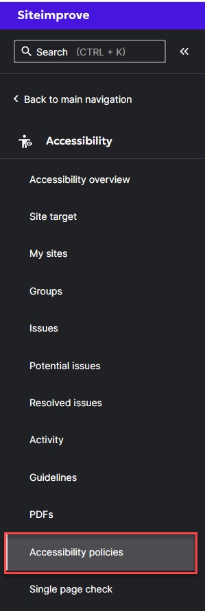 Image showing location of Accessibility Policies tab on the siteimprove navigation.