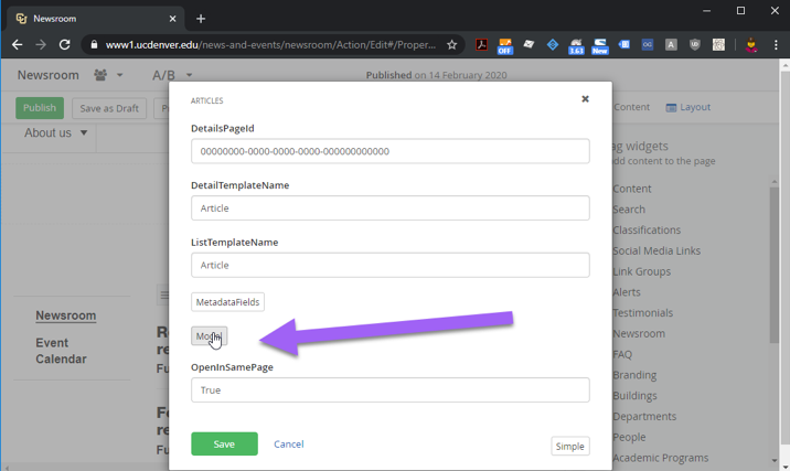 Newsroom advanced editor - Model button 