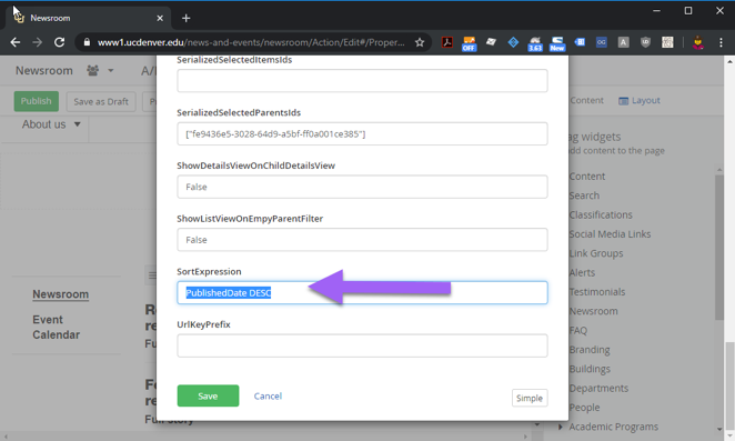 Newsroom advanced editor - Sort expression field