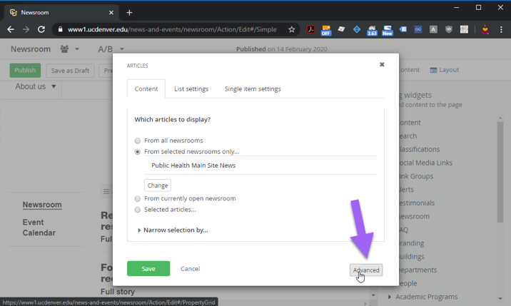 Newsroom editor - Advanced button 