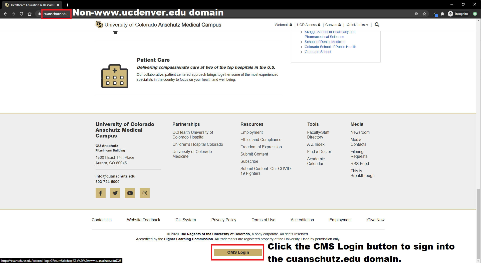 cuanschutz-auth Click the CMS Login button on a domain