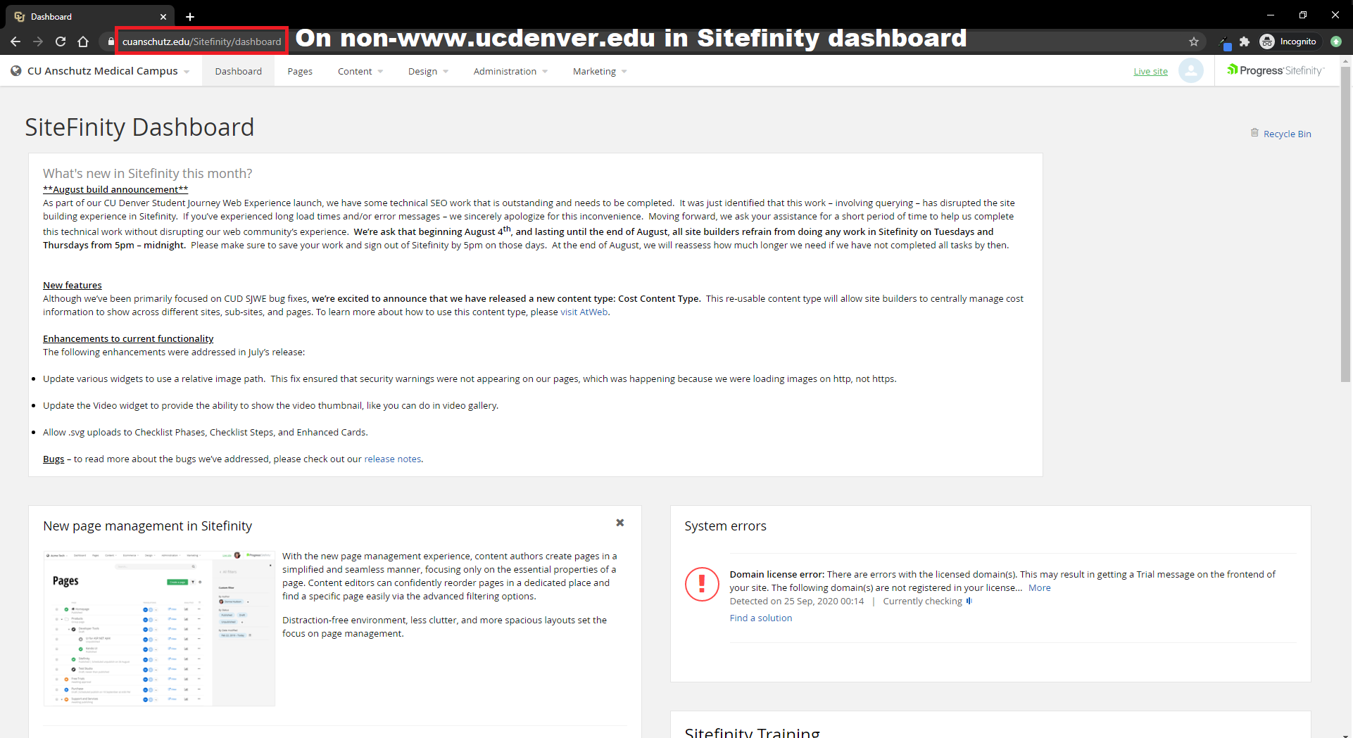 cuanschutz-dashboard Sitefinity dashboard on non-www.ucdenver.edu domain