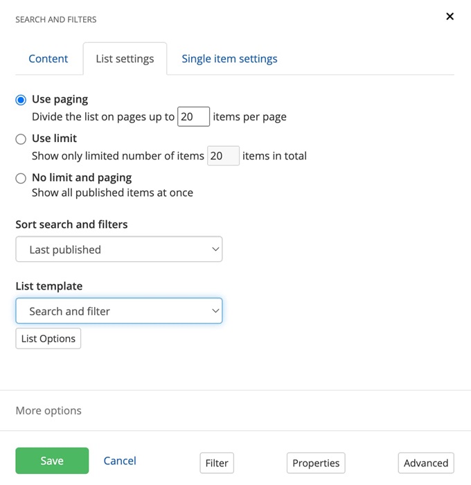 List settings window displaying pagination, sort order, and list template options