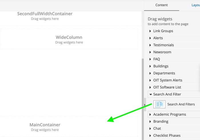 Search and filter widget in content panel of page editing view