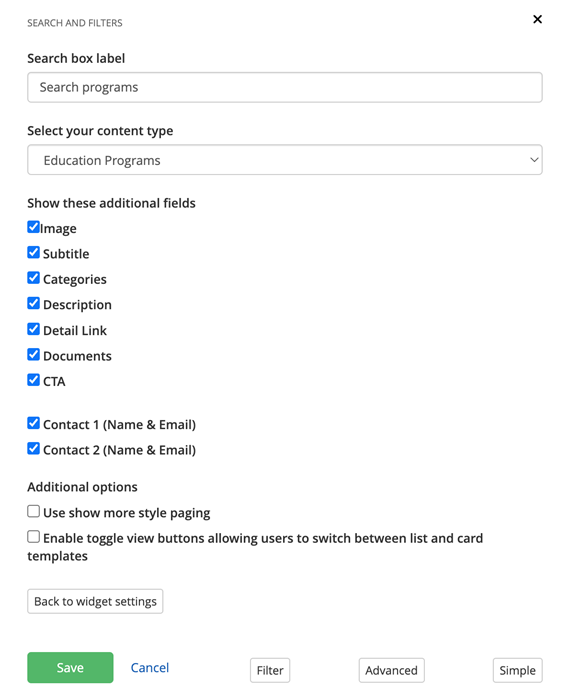 List options window with the option to enter a search box label, select the content type, select fields to display and additional options.