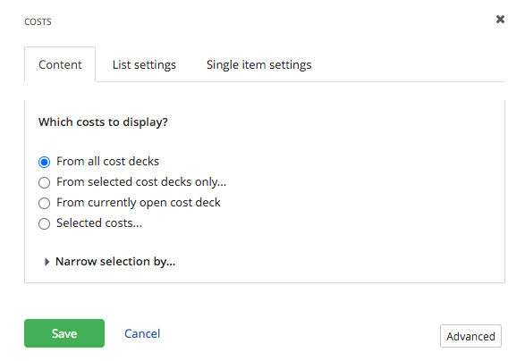 Cost widget content tab Cost widget content tab