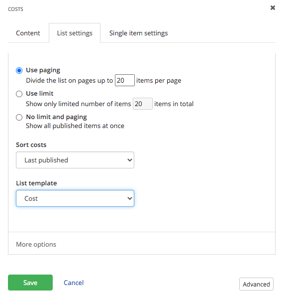 Cost widget list settings Cost widget list settings