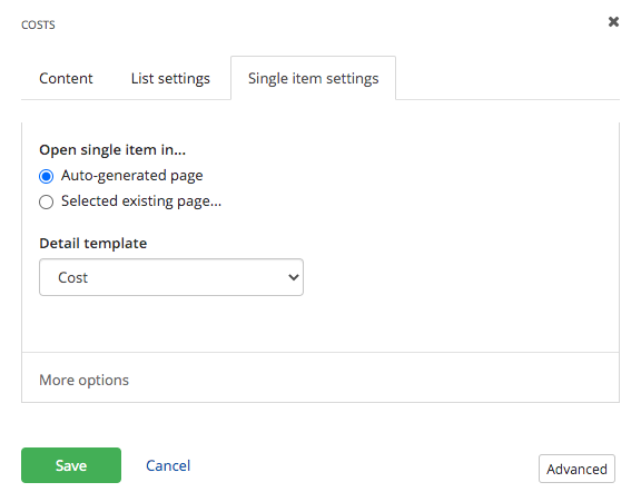 Cost widget single item settings Cost widget single item settings