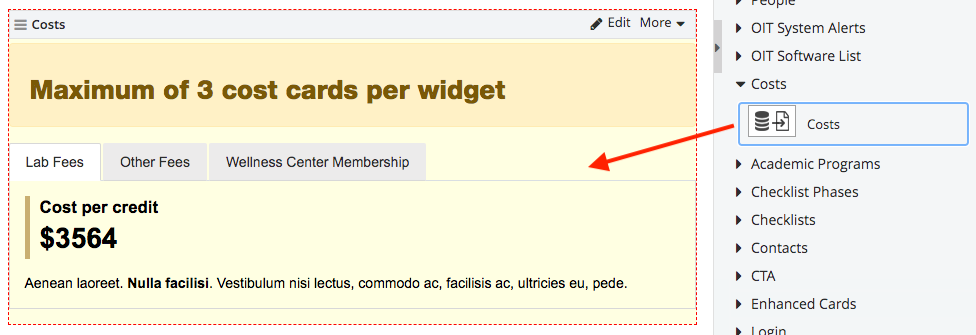 Drag and drop the costs widget on a page Drag and drop the costs widget on a page