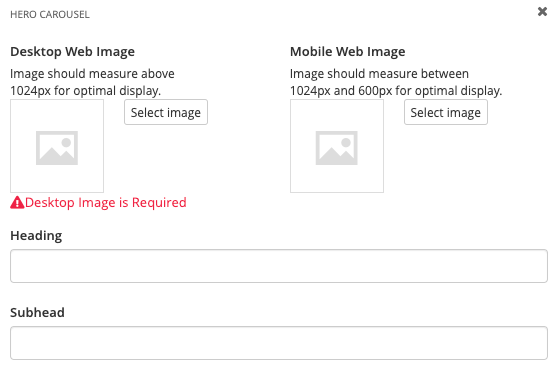 Hero carousel image and heading settings Hero carousel image and heading settings