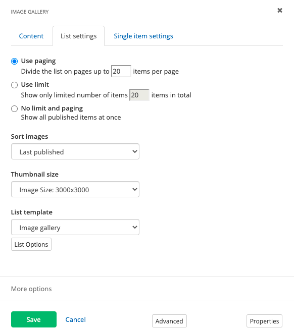 Image gallery List settings Image gallery List settings