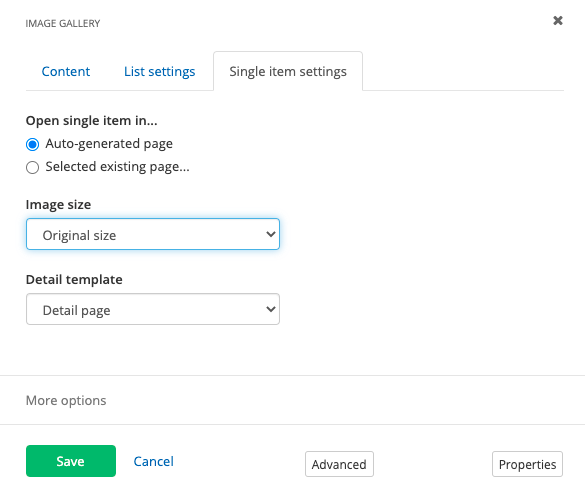 Image gallery single item settings Image gallery single item settings