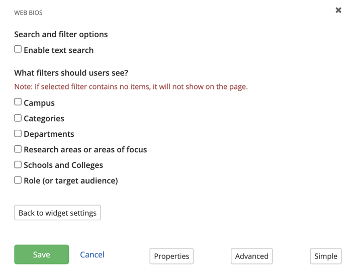 Web bio - search and filtering options Web bio - search and filtering options