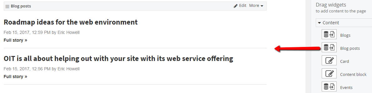 Adding blog posts widget to a page