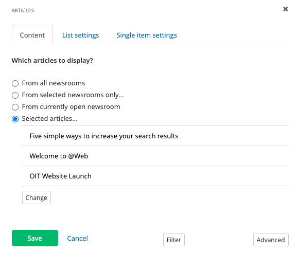 Newsroom widget settings - content tab Newsroom widget settings - content tab