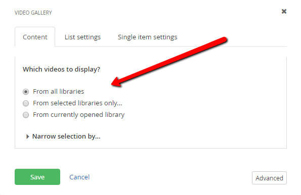 Video gallery widget settings Video gallery widget settings