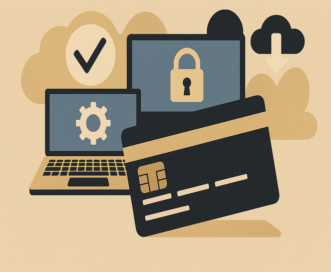 Decorative image of computers and a credit card