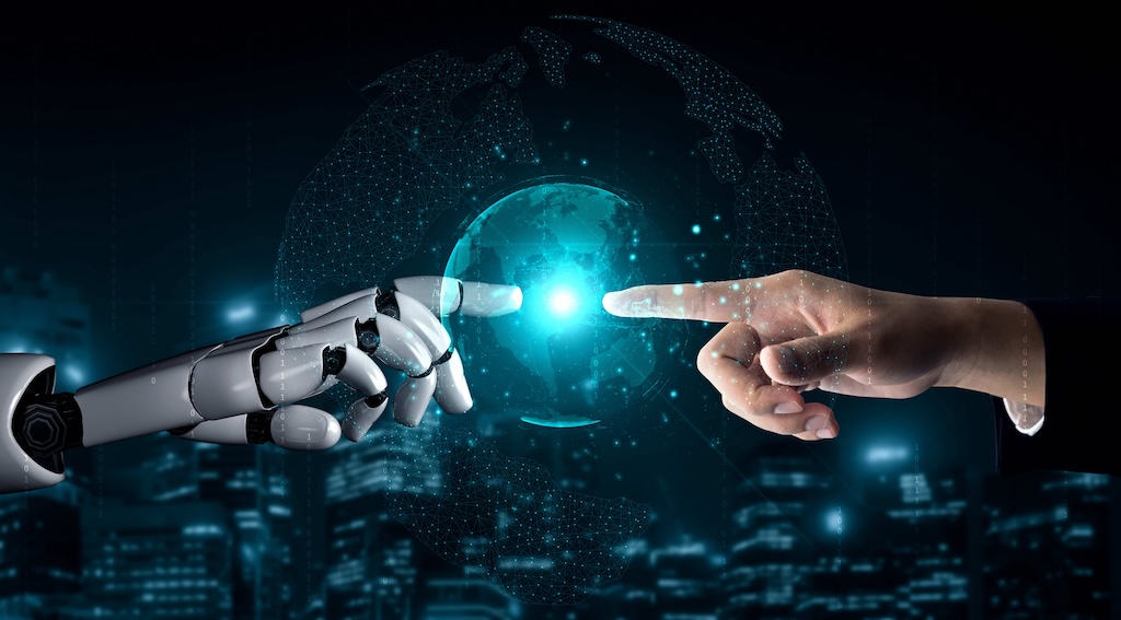 AI image of human and robot fingers touching