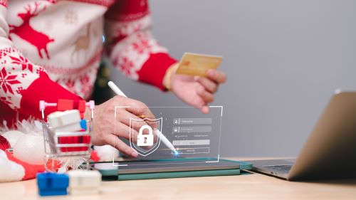 Image of a person in a holiday sweater making an online purchase with a credit card.