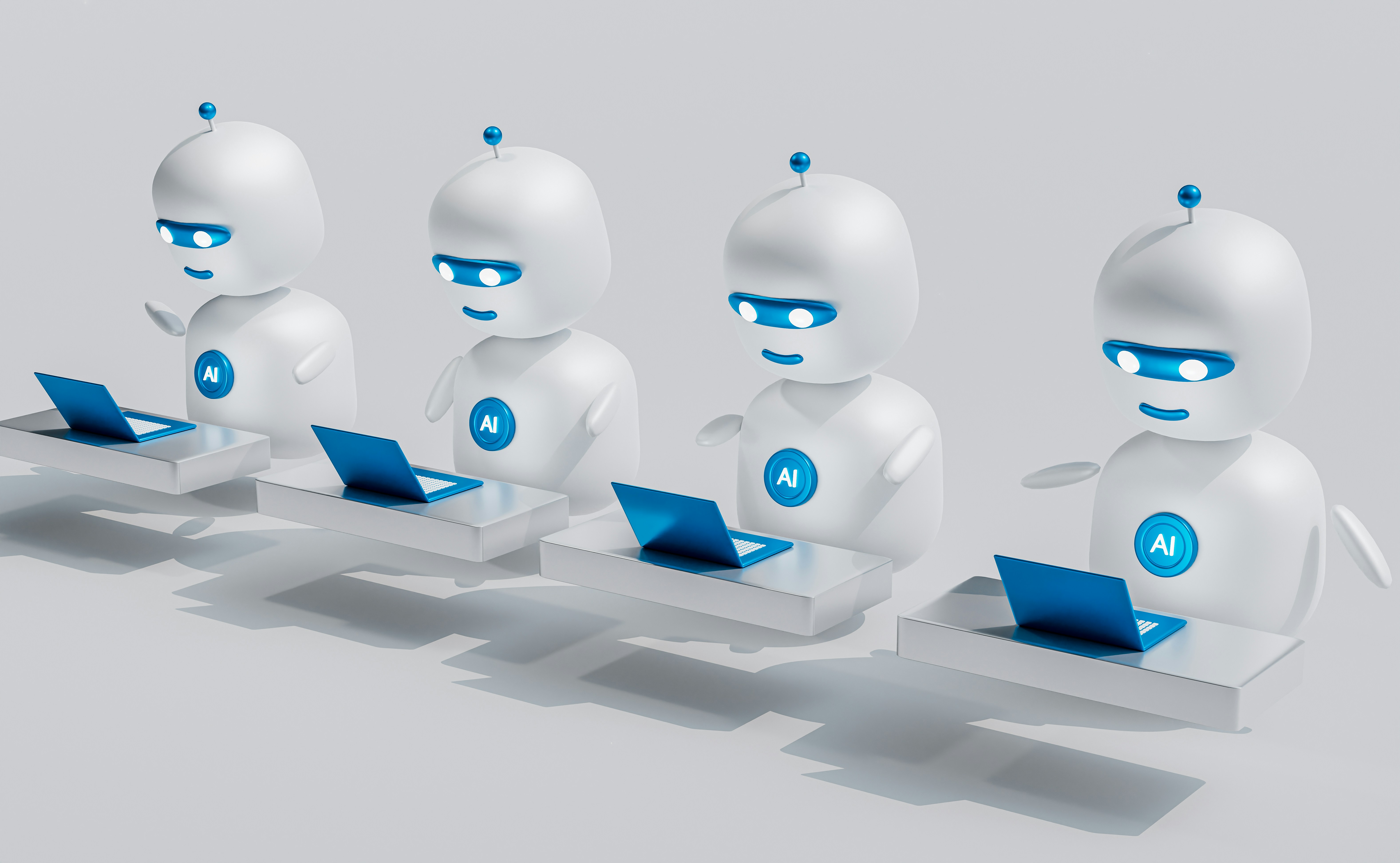 4 AI robots on laptops