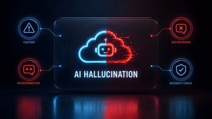 Futuristic glowing glass tablet displaying AI hallucination concept with warning signs of misinformatio