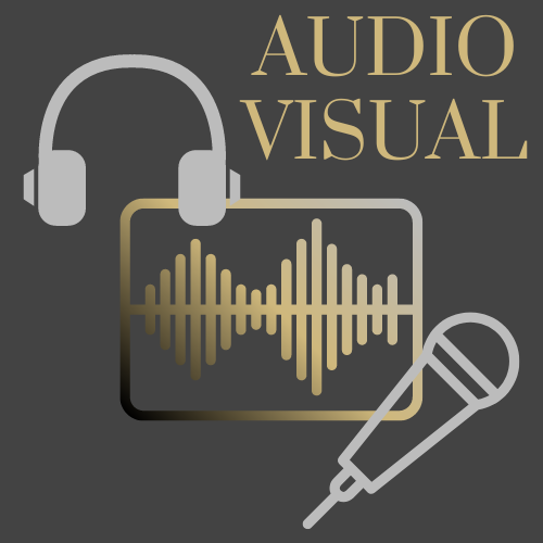 Graphic of headphones and a microphone with the words 