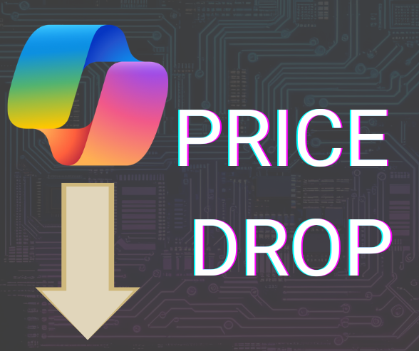 Copilot logo with an arrow pointing down and the words Price Drop.