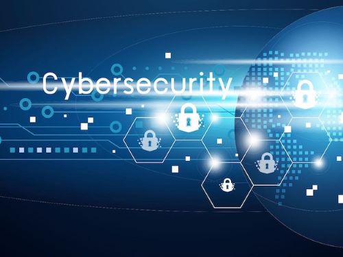 Graphic of digital locks and the word Cybersecurity.