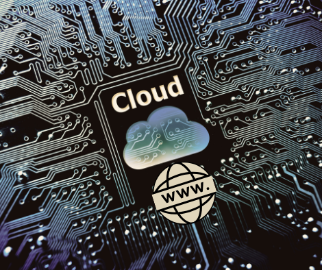 graphic of a circuit board with a cloud icon and an internet icon.