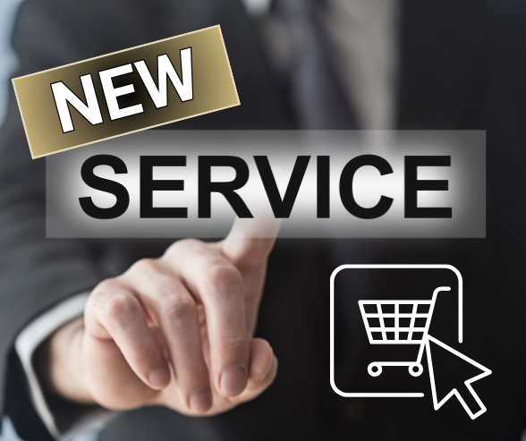 Graphic of an online shopping cart and a hand selecting the phrase New Service.
