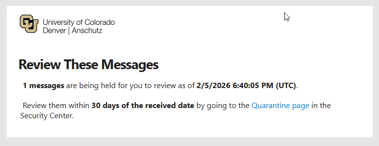 Screenshot of the Quarantine email header from Microsoft that says 'review these messages'.