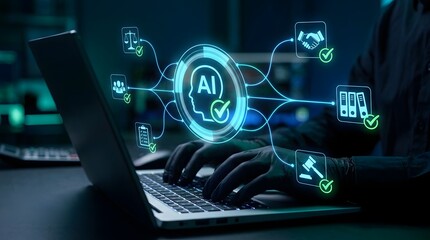 Businessman using explainable AI on laptop computer.